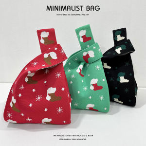Korean Style Knitted Tote Bag Womens Handbag Lunch Box Bag Christmas New Year Gift Soft Foldable Single Shoulder Bag