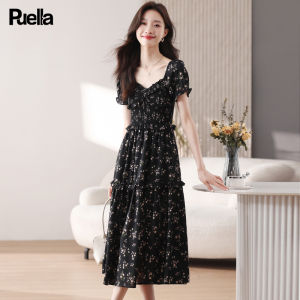 Puella Floral Print Chiffon Dress Womens Slim Fit Long Skirt High Waist A-Line Short Sleeve Spring Summer Fashion Elegant
