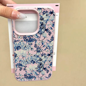 Blue Florals Pattern Phone Case For iPhone 17 Pro Max 16 15 11 14 13 12 Pro Max 16 Plus Cases Lychee Texture Flowers Back Cover