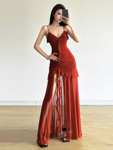 Kliou Pure Desire Seductive Female Flavor Frill V-neck Sling Dress Women Pleat Slimming Split Long dress Summer