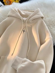 Retro American Streetwear Hoodie Mens Loose Casual Heavyweight Pure Cotton Fleece Lined Jacket Autumn Winter Fashion