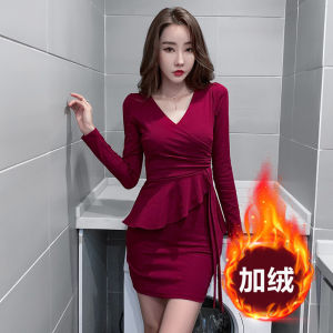 Slimming Fleece Lined Waist Cinched Thickened V Neck Bell Sleeve Tie Waist Bodycon Dress Korean Style Pure Color Commute Dress
