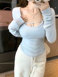 GUZILIAN | Slim Fit Long Sleeve U Neck Blue T Shirt Womens Style Autumn Winter Design Sense Pure Desire Hot Girl Base Layer Shirt Top