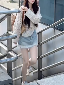 GHAOHES กระโปรงยีนส์สั้นลูกไม้สีอ่อน หวานสไตล์เกาหลี #6608