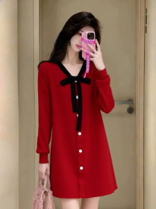 QFN | Retro High-End Red Knit Dress Long Sleeve
