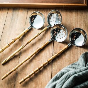 Large Capacity Stainless Steel Kitchen Spoon Handle Bamboo Grip High Temperature Resistant Simple Design Easy to Clean Soup Strainer