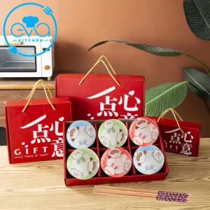 Bộ 6 Chén Sứ Hoạ Tiết Hình Thú Kawaii Phong Cách Nhật Tặng Kèm 6 Đôi Đũa Tre Cao Cấp