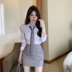 Fashionable Long Sleeve Shirt And High Waist Skirt Set Autumn Collection Korean Style Tie Design Womens Premium Outfit