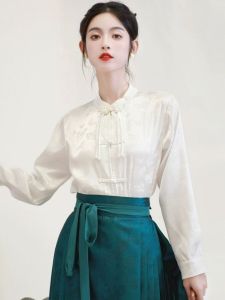 เสื้อสไตล์จีนใหม่พร้อมองค์ประกอบหน้าม้าเดินทาง ชุดฮั่นฝู สไตล์โบราณ เสื้อท่อนบน ฤดูใบไม้ผลิ ฤดูกาล หลวม ปุ่มขึ้นแขนยาวพอดี