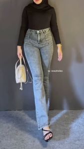 Highwaist Jeans Streach Wanita Cutbray || Korean Style Straight Loose Cutbray Wanita Premium