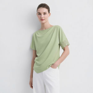AMII | Commuter Boat Neck Asymmetric Short Sleeve Lace Spliced Chiffon Top