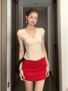 YUEZHONGWEI | French Lace Trim Pink V-neck Short Sleeve T-shirt Women Summer New Style Waist-cinching Short Length Top Korean Style Commute