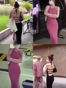 เดรสกระโปรงยาว โชว์หลัง ผ้านิ่มรัดรูป เซ็กซี่ ลุคคุณหนู สไตล์เกาหลี พร้อมส่งจากกรุงเทพ