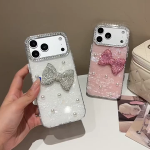 IMD Iridescent Shell 3D Rhinestone Bow Pearl Clear Phone Case For iPhone 17 16 15 14 13 12 11 Pro Max