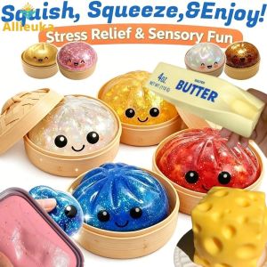 Allieuka Glitter Dumpling Squishy Toy with Steamer Simulation Squeezable Stress Relief Toy for Kids Adults