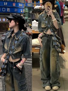 ALITTLE Messy Street Diary Vintage Washed Blue Faded Denim Jacket Short Summer Womens Street Style Jeans Jacket