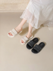 Josiny | Thick Heel Sandals Women Slip Ons Easy To Match Crystal