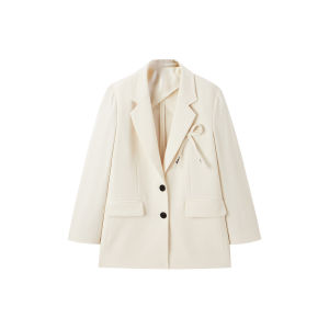 White Butterfly Knot Design Mixed Fabric Suit Jacket for Women PEACEBIRD Brand Commute Style Long Sleeve Regular Length