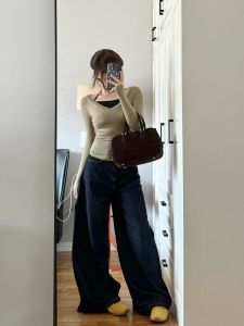 High Waist Wide Leg Jeans Womens Long Straight Cut Denim Blue Original Color Extra Long Floor Length Trousers