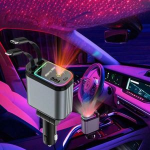 W&O 66W Fast Car Charger with Starlight (Red) Retractable Car Charger 2 USB Ports For iPhone 6-17 and Android 12-24V Car