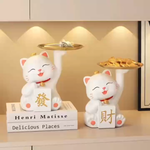 Lucky Cat Decorative Tray for Entryway Shoe Cabinet - Multipurpose Organizer for Living Room TV Stand Desk & Reception (Wealth-Attracting Ornament)