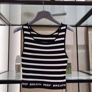 Ouomaish Womens U-neck Letter Stripe Short Knitted Ice Silk Vest Summer Versatile Base Layer Top Slim Fit Regular Length