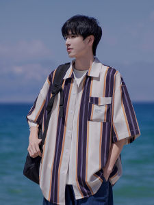 Japanese Style Vintage Stripe Ice Silk Shirt Men Summer Thin Fashion Brand Handsome Teenagers Shirt Coat Top Clothes