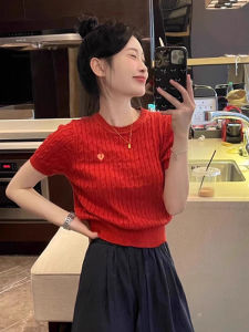 Summer Red round Neck Knitted Sweater Short Sleeve Embroidered Outerwear Crop Top College Style Knitwear Loose Fit Korean Style
