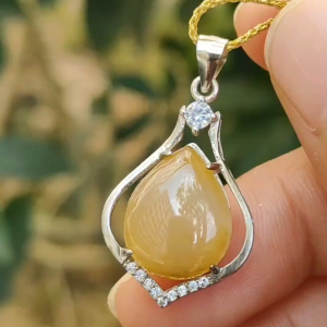Yellow Water Drop Shape Cabochon Natural Type A Jadeite Jade set with S925 as Pendant certificate weighs 2.6 grams measurement 14.7 * 12 * 4 mm (s925p5)