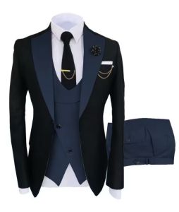 Solid Mens 3 Pieces Suit One Buttons Notch Lapel Jacket Vest and Trousers Dinner Wedding Tuxedos Slim Fit Formal Business Suits