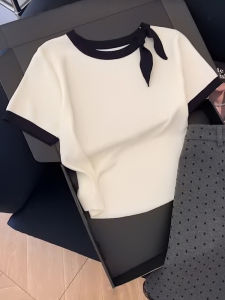 Loose Butterfly Knot Short Sleeve T-Shirt Womens Summer Slimming Design Sensation Color Block Top for plus Size 80-200 Pounds