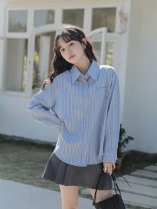 2024 Early Autumn Hong Kong Style Blue Striped Long Sleeve Shirt Womens Western Style Asymmetrical Pocket Design Shirt Casual Tops