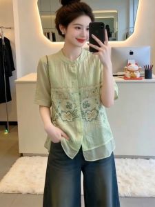 AIYITI | Unique Embroidery Plus Size Womens Green Short Sleeve Shirt