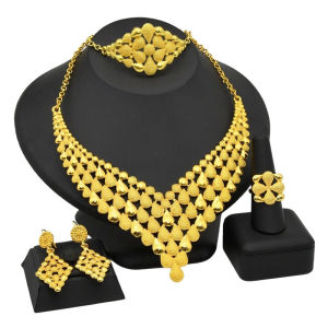 24K Gold Wedding Jewelry Set Dubai 4-Piece Ensemble Necklace Bracelet Earrings Ring Alloy Material Fashionable Accessories