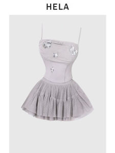 Plus Size Ladies Pure Desire Style Sequin Butterfly Sling Tops Female Summer 2024 Dot Mesh A- line Skirt Suit