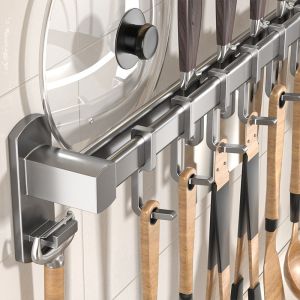 Kitchen Wall Mounted Double Rod Hook Rack Spoon Shovel Storage Holder Aluminum Alloy No Drilling Required Utensil Organizer