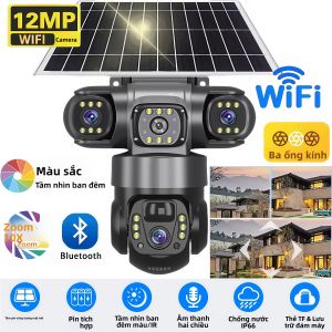 Camera An Ninh Ngoài Trời Chạy Bằng Năng Lượng Mặt Trời 12MP HD Với 3 Ống Kính Zoom 10X Tầm Nhìn Ban Đêm Chống Nước IP66 Phát Hiện Chuyển Động PIR Kết Nối WiFi