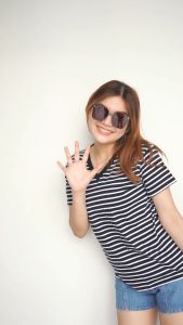 STRIPE V-neck T-Shirt Leher V Garis Salur Atasan Wanita Top Cotton Setrip Katun Pendek