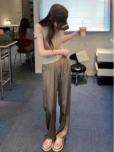 WANGGONGZHU | High Waist Silk Chiffon Acetate Casual Floor-Length Pants Womens Spring Ice Silk Cool Feeling Hong Kong Style Fashionable Trousers
