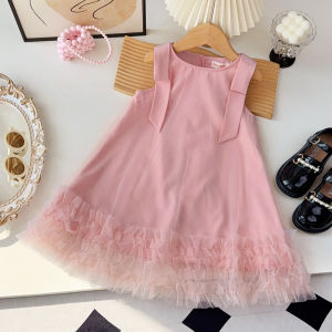 Menoea 2-7-year-old Summer New Girl Princess Pink Bow Strap Dress Childrens Wedding Dress Birthday Party Korean Version Fashion Clothes