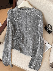 WANGGONGZHU | Shiny Sequin Soft Cozy Womens Knitwear Long Sleeve Heavy Embroidery Fashionable Spring 2025 New Style Slimming Overhead Top