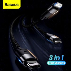 Baseus 3 In 1 USB สายชาร์จสำหรับ iPhone 14/13/12 Pro/11, Macbook Pro และ Xiaomi/Samsung 3.5A 1.25เมตร