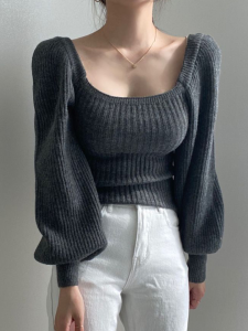 Áo Len Dệt Kim Cổ Vuông Tay Bồng Cỡ Lớn Cho Nữ Mùa Thu Đông Phong Cách Pháp Cổ Điển Thanh Lịch Áo Len Tay Lỡ Hở Xương Quai Xanh