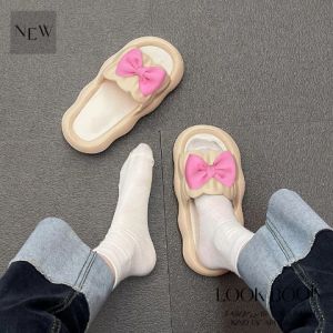 SQShop ใหม่มาก🎊รองเท้าแตะผญติดโบว์ใหญ่สูงสำหรับผญติ รองเท้าแตะแฟชั่นสีพื้นสลับ 4 สี สวมแต่งตัวเข้ากับทุกลูกค้า