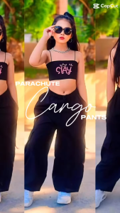 Trendy Kids Crop Top Terno Set | Parachute Cargo Pants Jogger Outfit for Girls 5-12 Years Old | Oversized Aesthetic Streetwear Two-Piece Y2K tops and cargo terno coords for kids