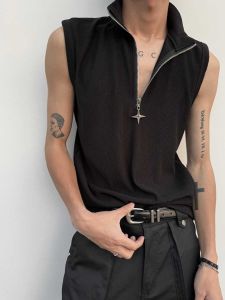 Summer Dark Series Niche Design Ins Trendy Pentagram Zipper Padded Shoulder Vest Mens Sleeveless Waistcoat Vest