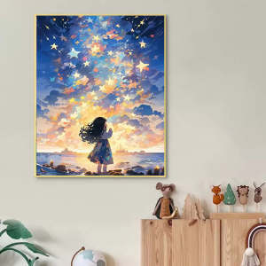 Handmade DIY Diamond Painting Star Catching Girl Cross Stitch Cartoon Full Diamond Kids Artwork Modern Simple Style Home Fabric