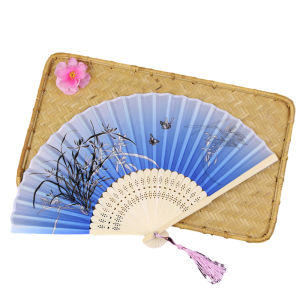 AUK Floral Folding Fan Folding Fan with Traditional Chinese Painting Bamboo Fabric Fans with a Fabric Cover for Performance Decorations and Gifts