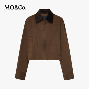 MO&Co. | Retro Mock Layered Cotton Corduroy Jacket Smoke Brown Turn-down Collar Short Box Shape