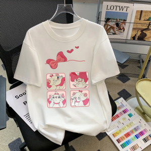 T-Shirt Wanita Lengan Pendek Motif Kartun Kucing & Pita Kreatif - Katun Tipis Bernapas Premium Desain Gaya Kampus Korea/Japan Slim Fit Oversize Tren Musim Panas 2025 Outfit Kampus Viral Kerah Bulat Tops Nyaman Kerja Ukuran Besar Womens Clothing